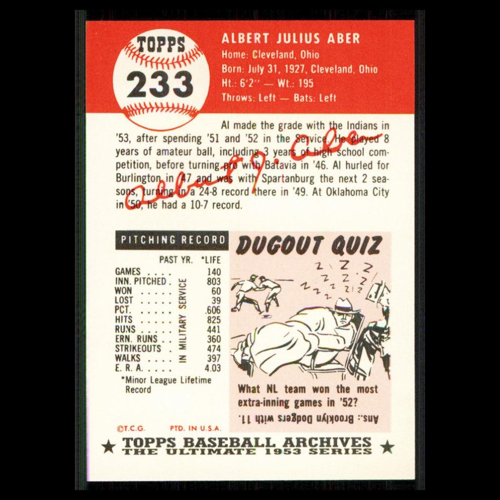 Al Aber #233 1991 Topps Archives 1953 Cleveland Indians Baseball Card MLB NM