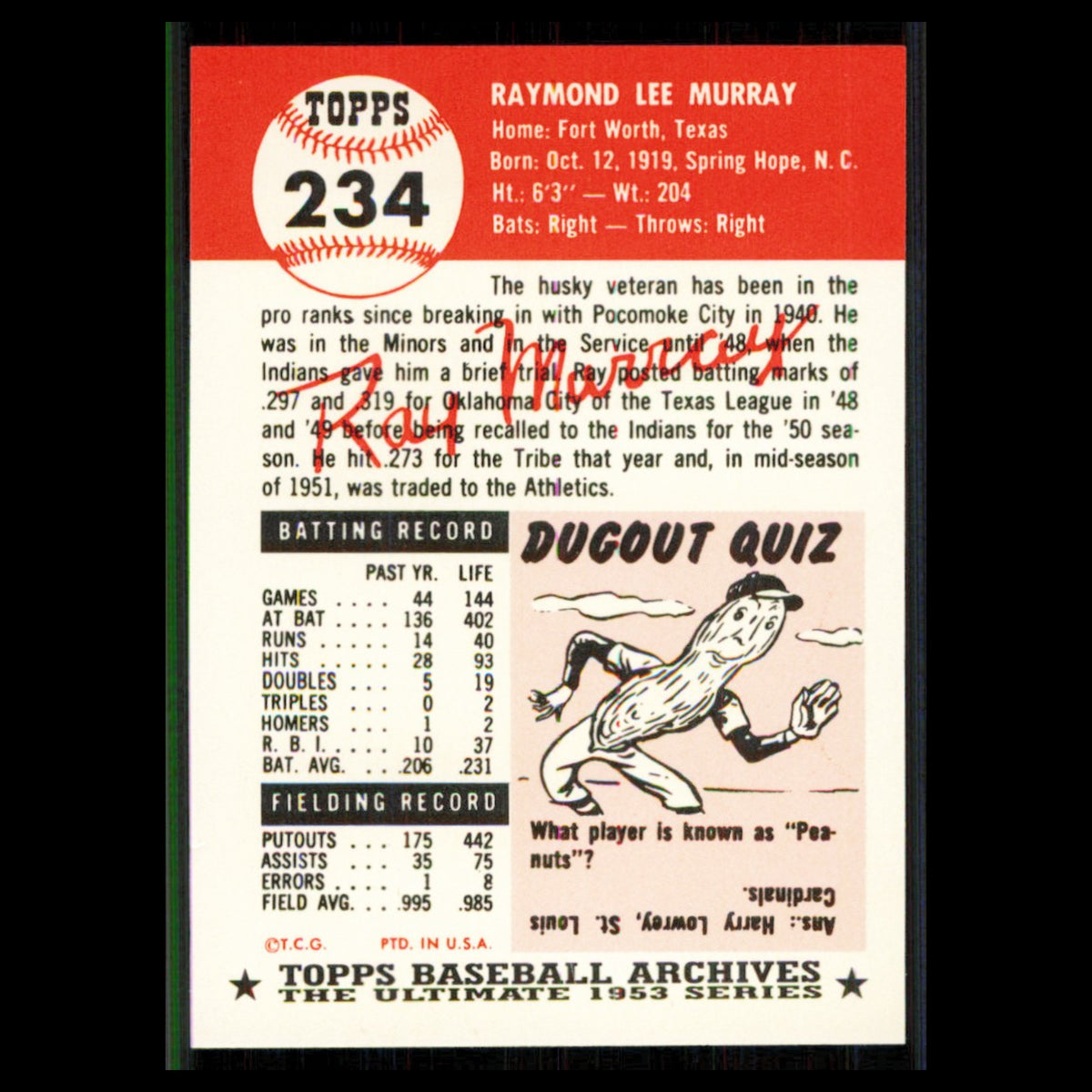 Ray Murray #234 1991 Topps Archives 1953 Philadelphia Athletics Baseball Card NM