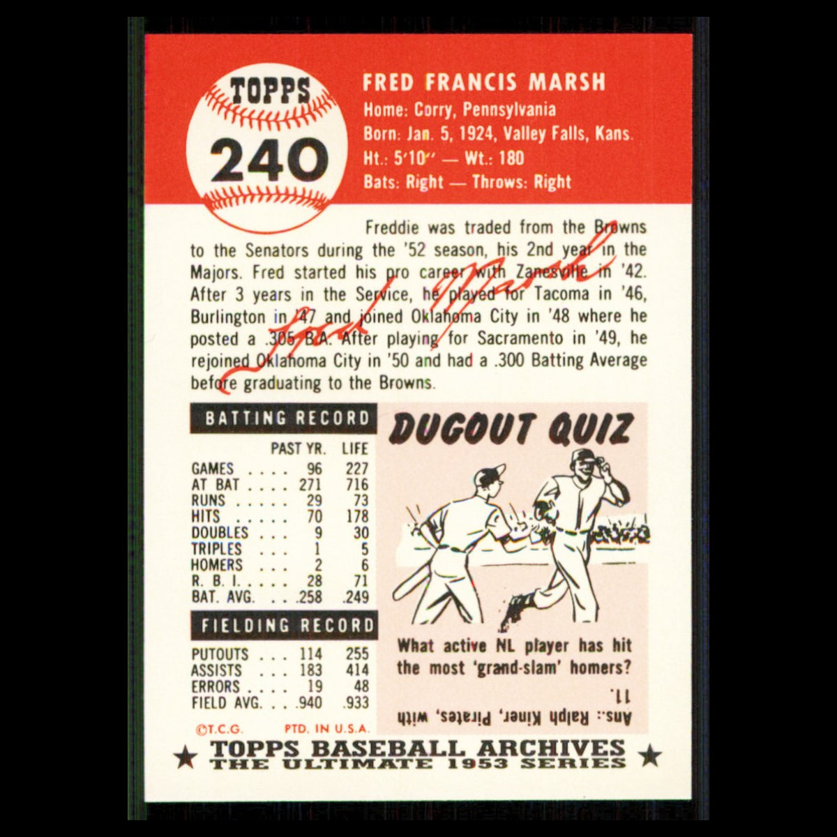 Fred Marsh #240 1991 Topps Archives 1953 Chicago White Sox Baseball Card MLB NM
