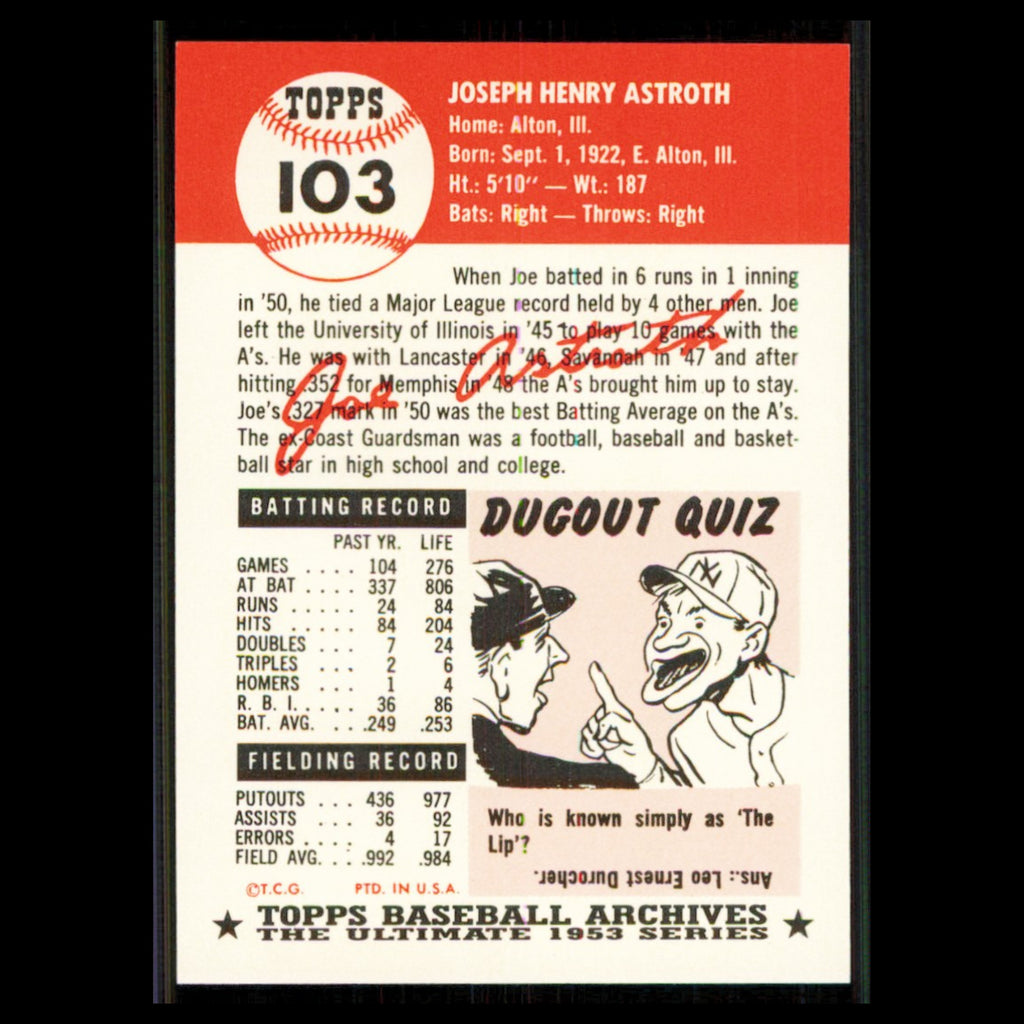 Joe Astroth #103 1991 Topps Archives 1953 Philadelphia Athletics Baseball Card