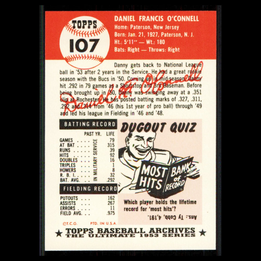 Danny OConnell #107 1991 Topps Archives 1953 Pittsburgh Pirates Baseball Card NM