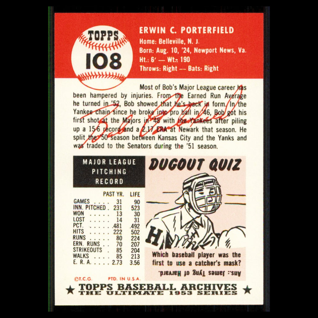 Bob Porterfield #108 1991 Topps Archives 1953 Washington Senators Baseball Card