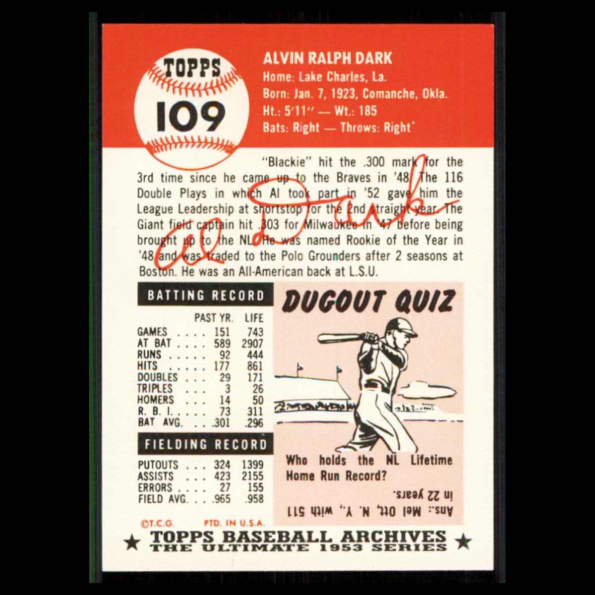 Alvin Dark #109 1991 Topps Archives 1953 New York Giants Baseball Card MLB NM