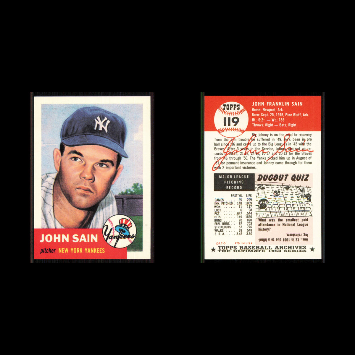 Johnny Sain #119 1991 Topps Archives 1953 New York Yankees Baseball Card MLB NM