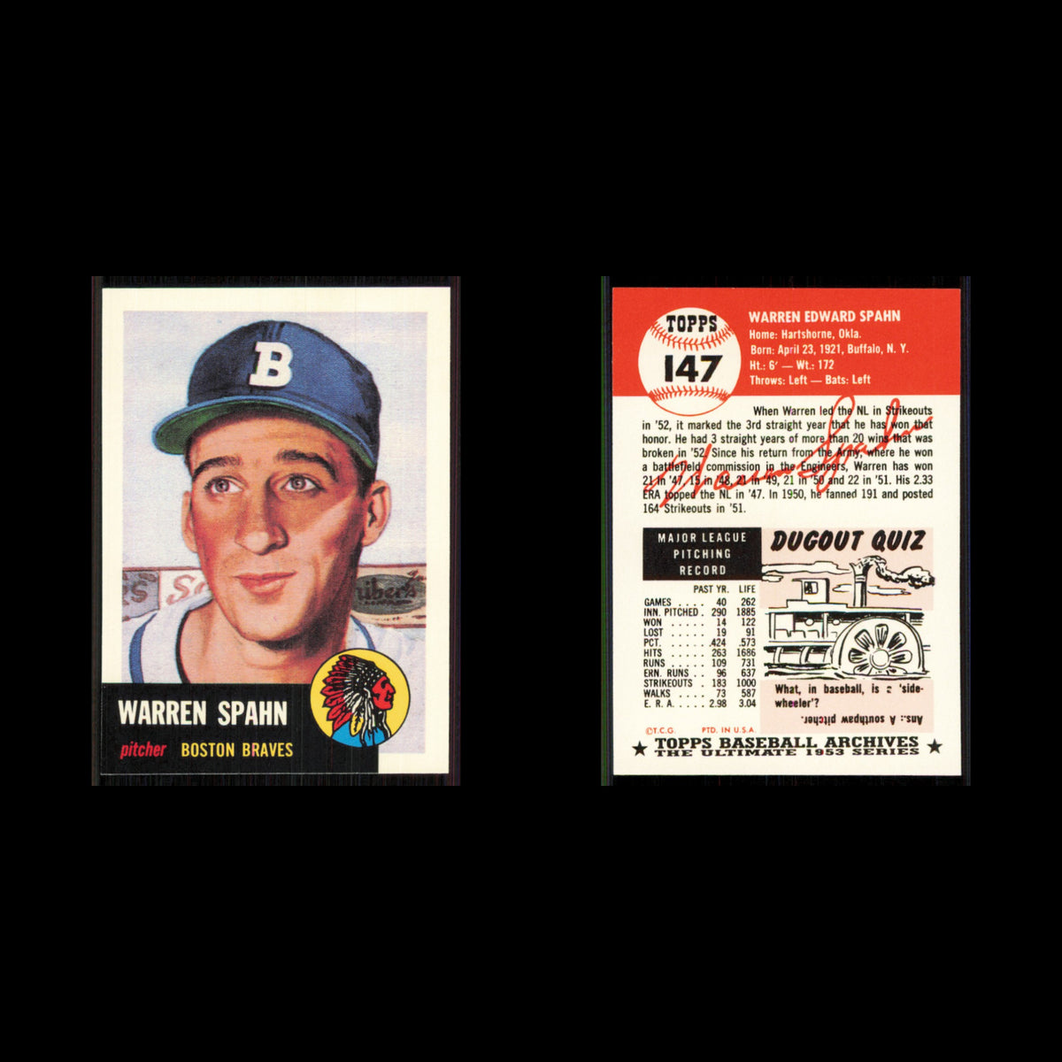 Warren Spahn #147 1991 Topps Archives 1953 Boston Braves Baseball Card MLB NM