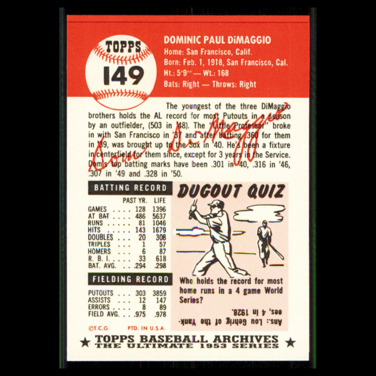 Mickey Grasso #149 1991 Topps Archives 1953 Washington Senators Baseball Card NM