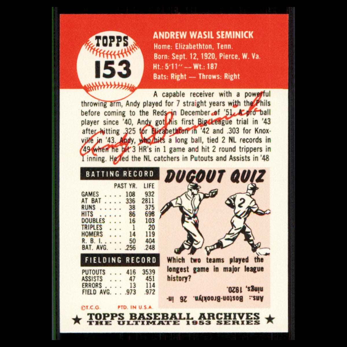 Andy Seminick #153 1991 Topps Archives 1953 Cincinnati Reds Baseball Card MLB NM