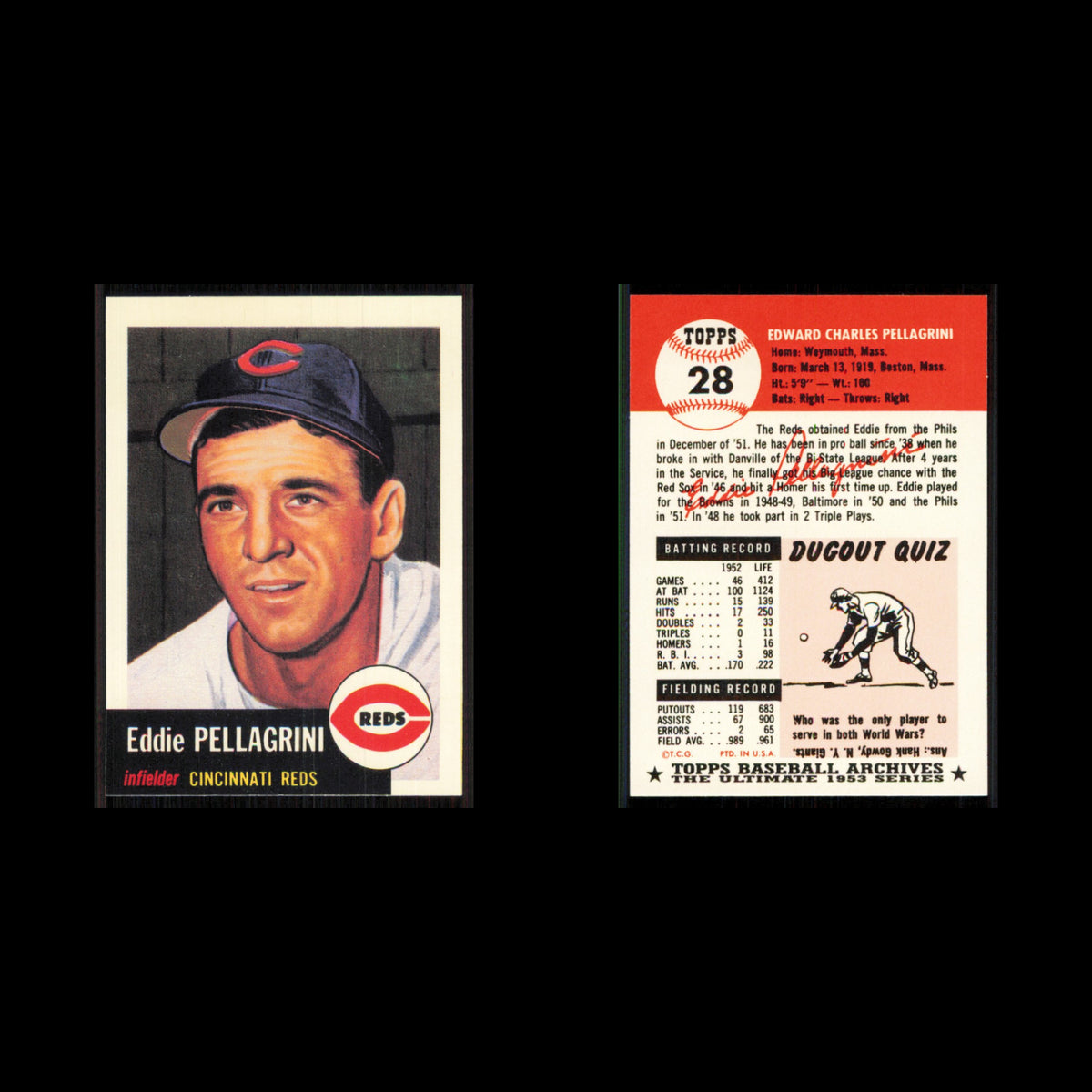 Eddie Pellagrini #28 1991 Topps Archives 1953 Cincinnati Reds Baseball Card MLB