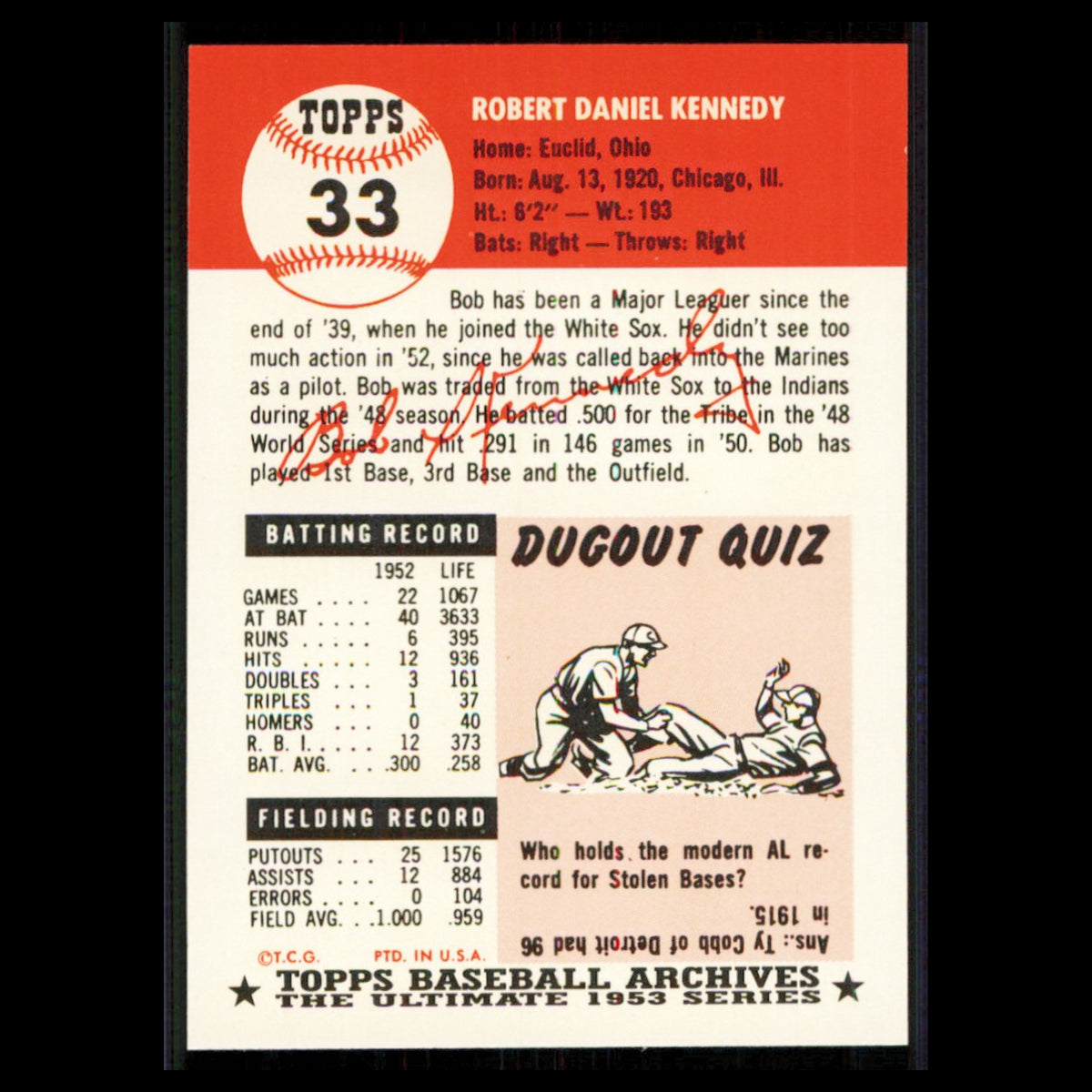 Bob Kennedy #33 1991 Topps Archives 1953 Cleveland Indians Baseball Card MLB NM