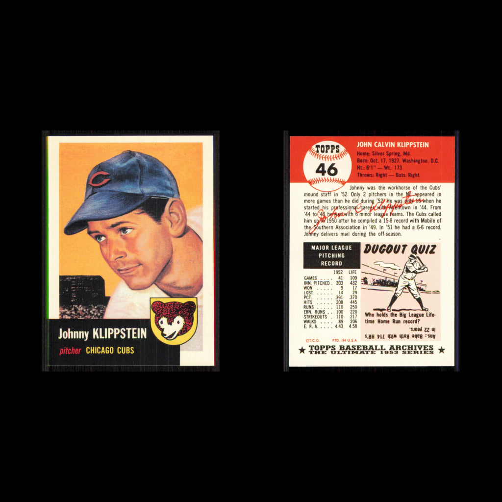 Johnny Klippstein #46 1991 Topps Archives 1953 Chicago Cubs Baseball Card MLB NM