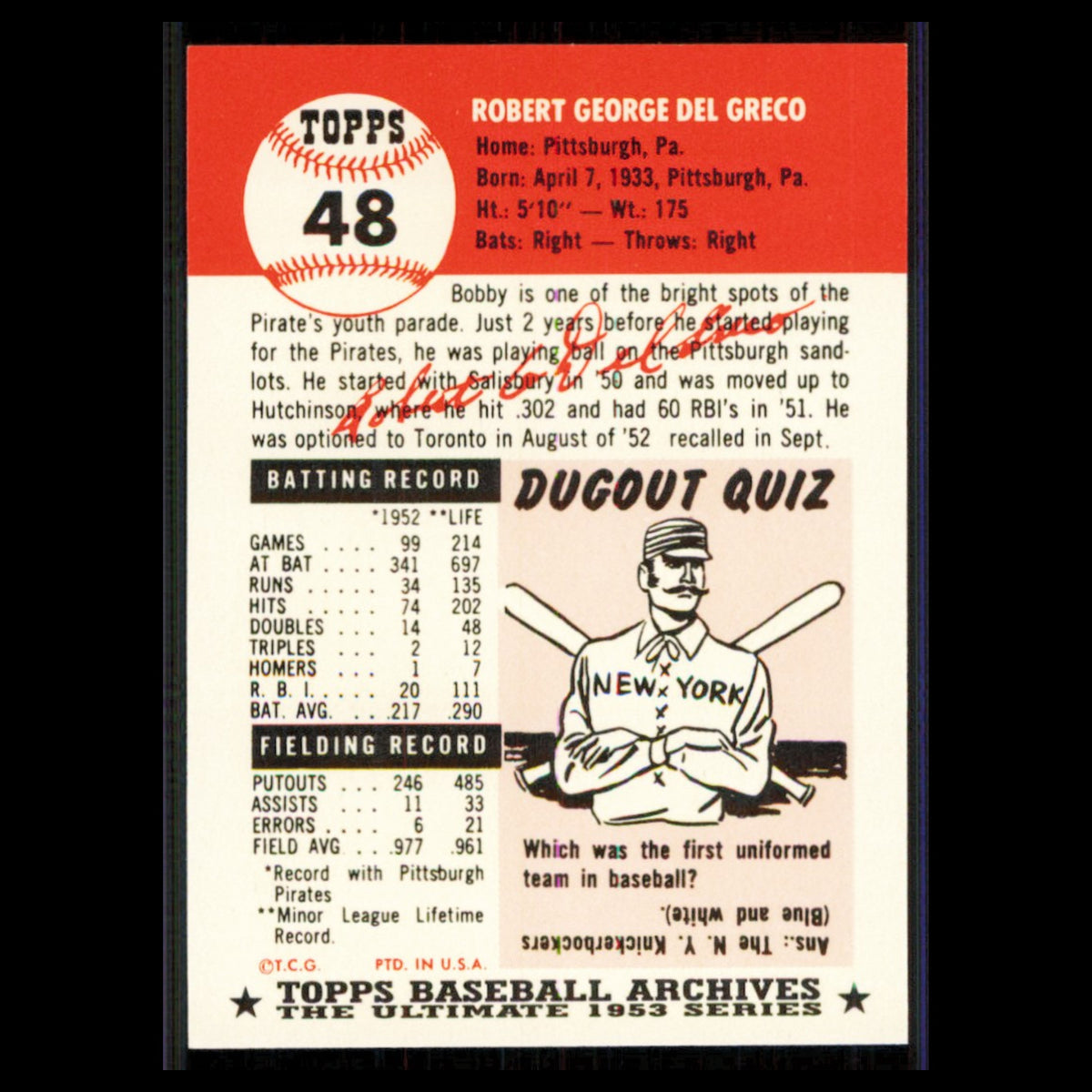 Bobby Del Greco #48 1991 Topps Archives 1953 Pittsburgh Pirates Baseball Card NM