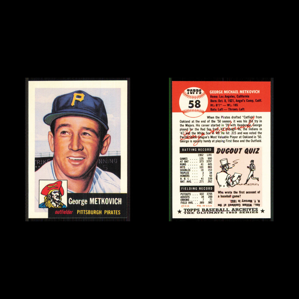 George Metkovich #58 1991 Topps Archives 1953 Pittsburgh Pirates Baseball Card