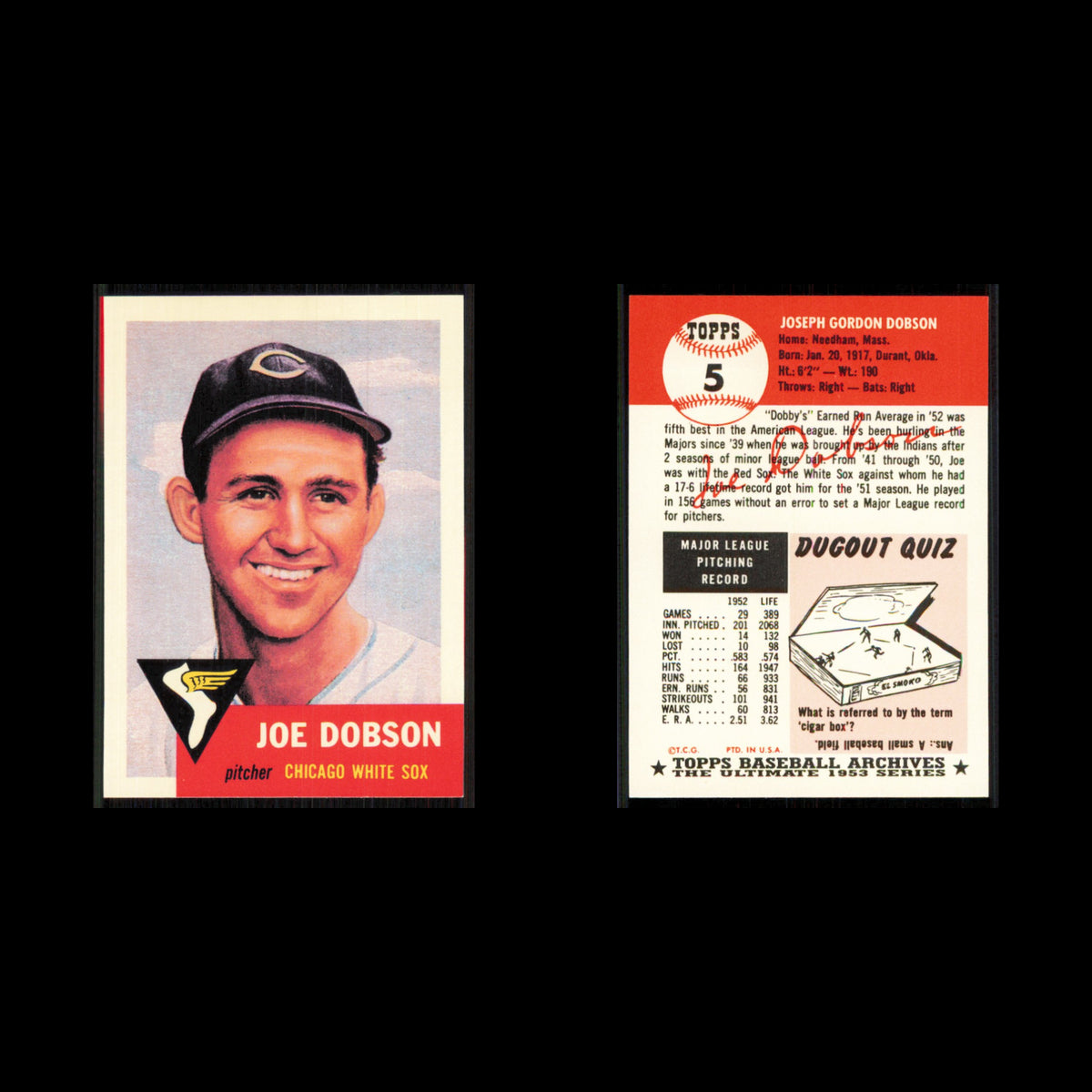 Joe Dobson #5 1991 Topps Archives 1953 Chicago White Sox Baseball Card MLB NM