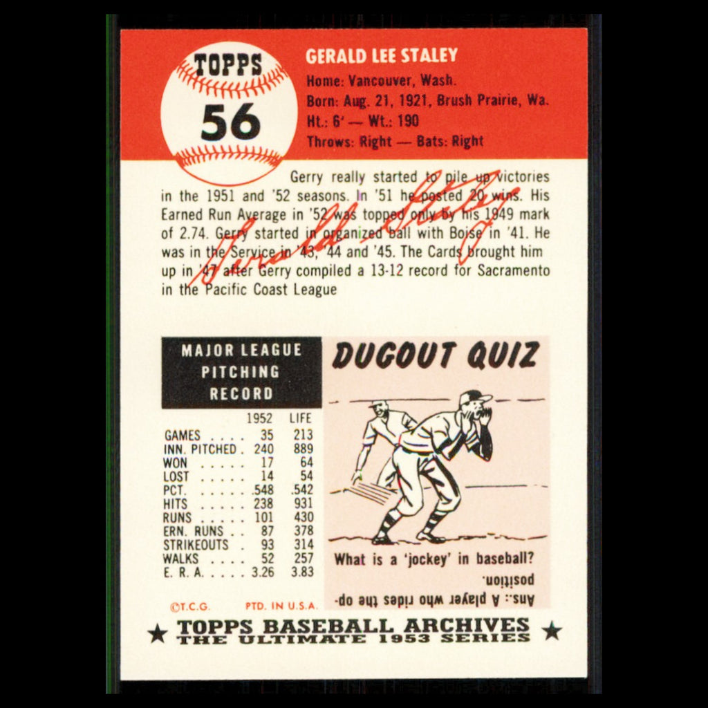 Jerry Staley #56 1991 Topps Archives 1953 St. Louis Cardinals Baseball Card MLB