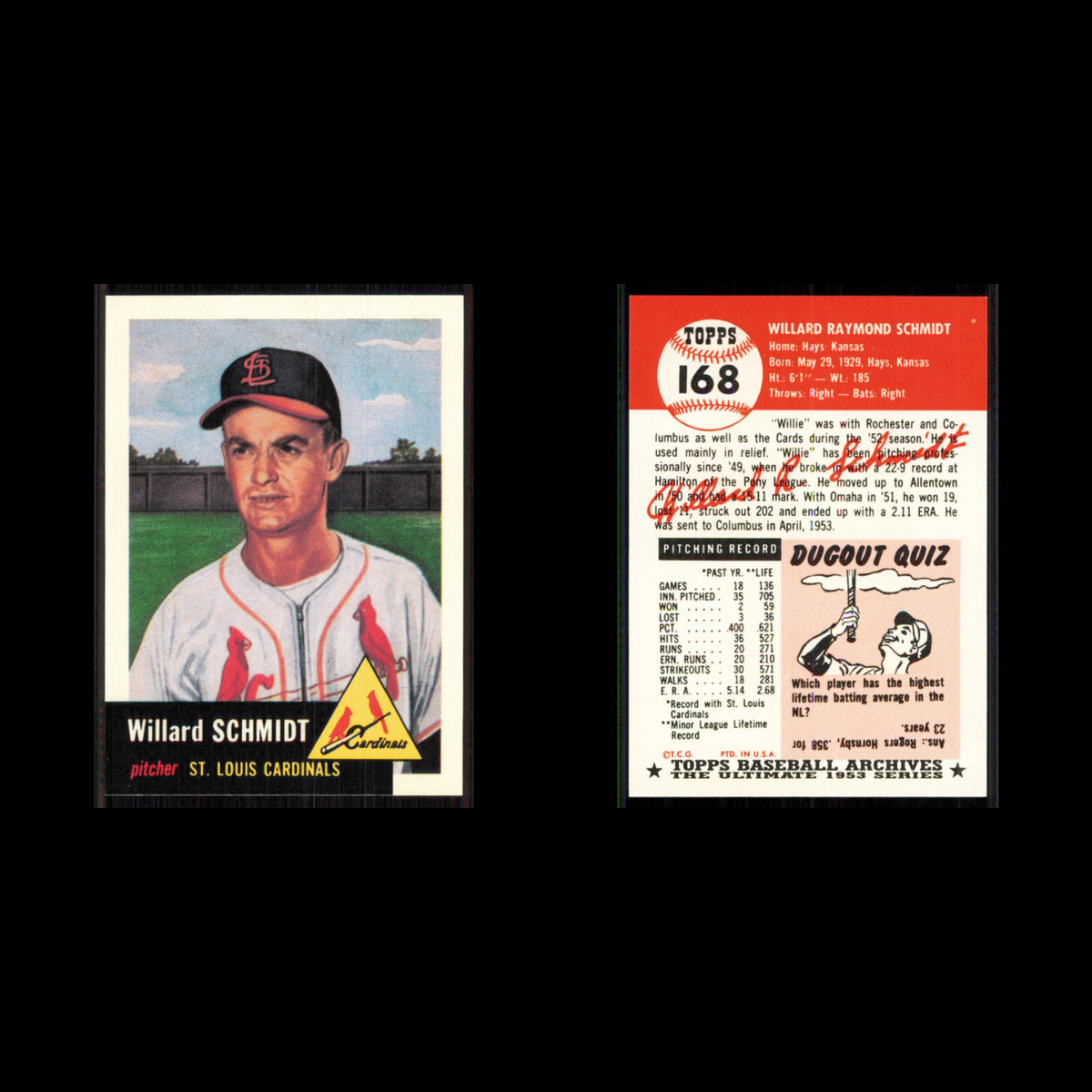 Willard Schmidt #168 1991 Topps Archives 1953 St. Louis Cardinals Baseball Card