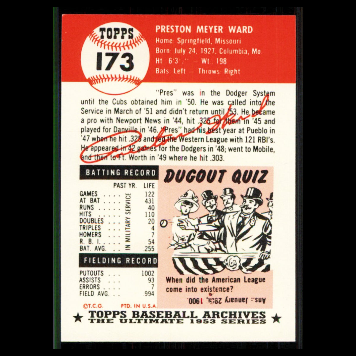 Preston Ward #173 1991 Topps Archives 1953 Chicago Cubs Baseball Card MLB NM