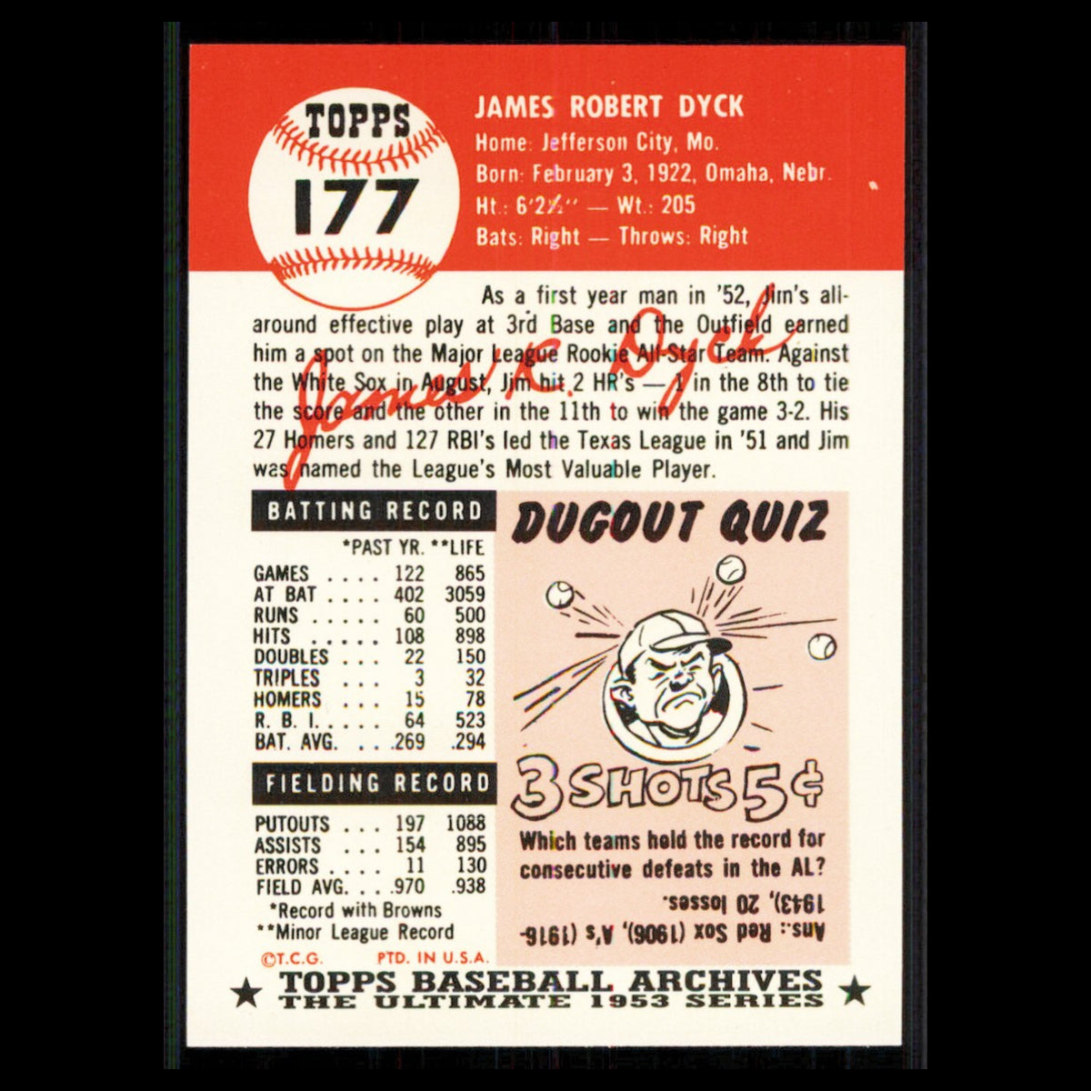 Jim Dyck #177 1991 Topps Archives 1953 St. Louis Browns Baseball Card MLB NM