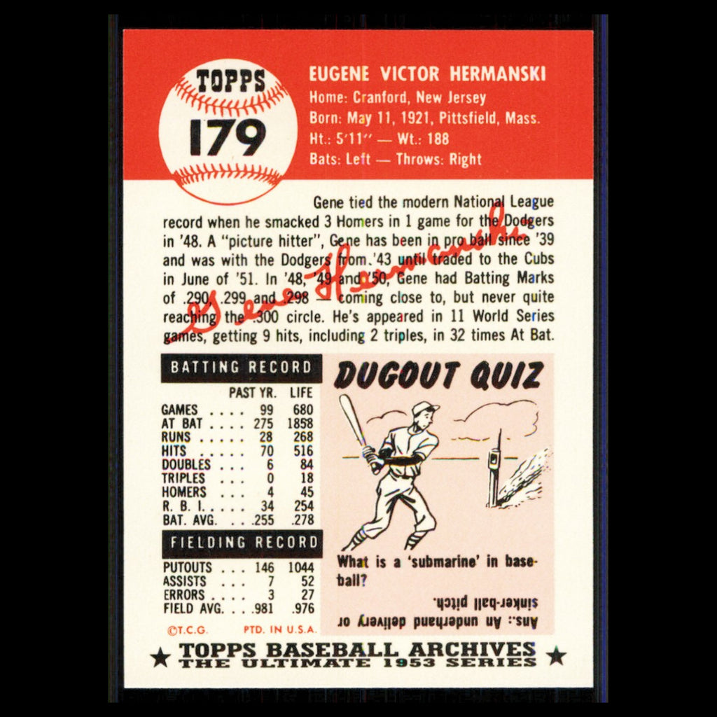 Gene Hermanski #179 1991 Topps Archives 1953 Chicago Cubs Baseball Card MLB NM