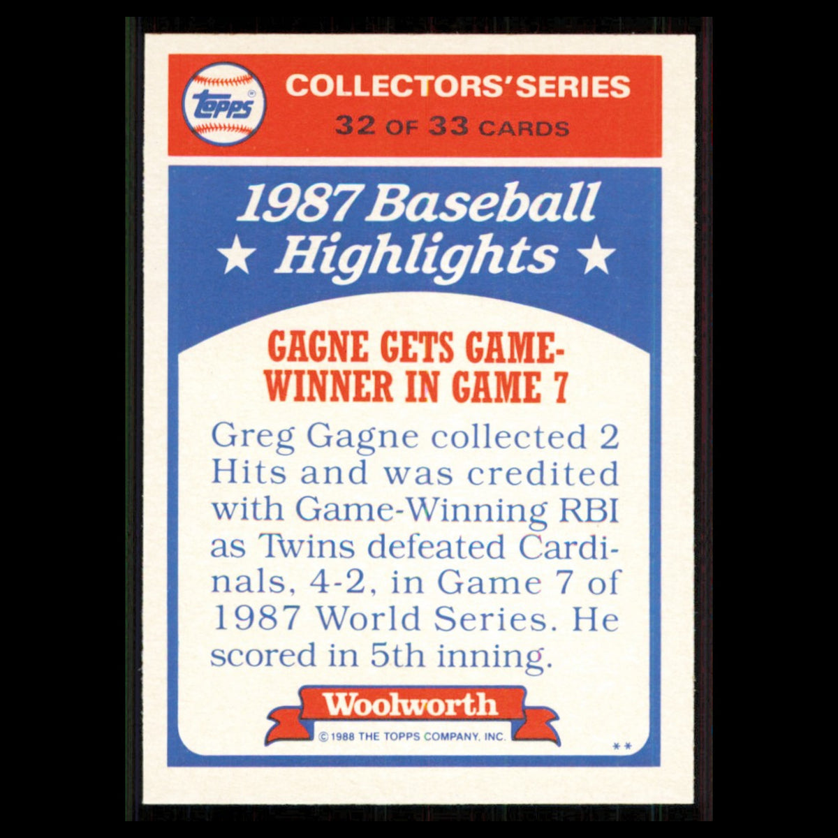 Greg Gagne #32 1988 Topps Woolworth Baseball Highlights Minnesota Twins Baseball