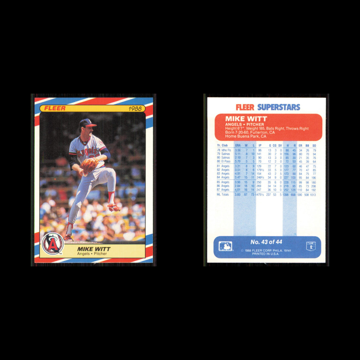 Mike Witt #43 1988 Fleer SuperStars California Angels Baseball Card MLB NM