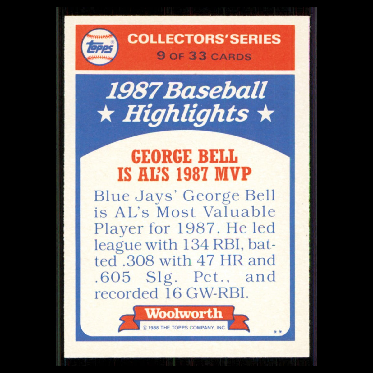 George Bell #9 1988 Topps Woolworth Baseball Highlights Toronto Blue Jays Card