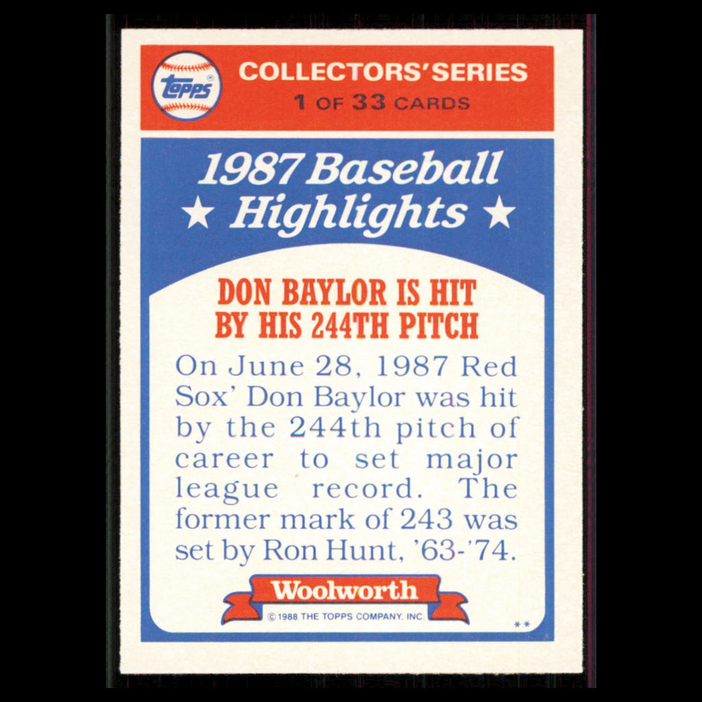 Don Baylor #1 1988 Topps Woolworth Baseball Highlights Boston Red Sox Baseball