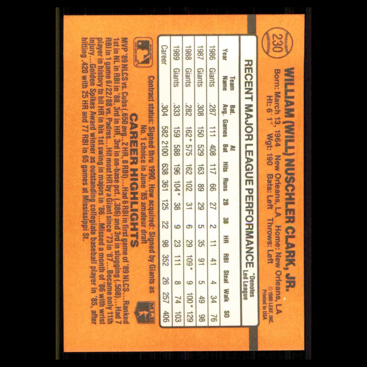 Will Clark #230 1990 Donruss San Francisco Giants Baseball Card MLB NM