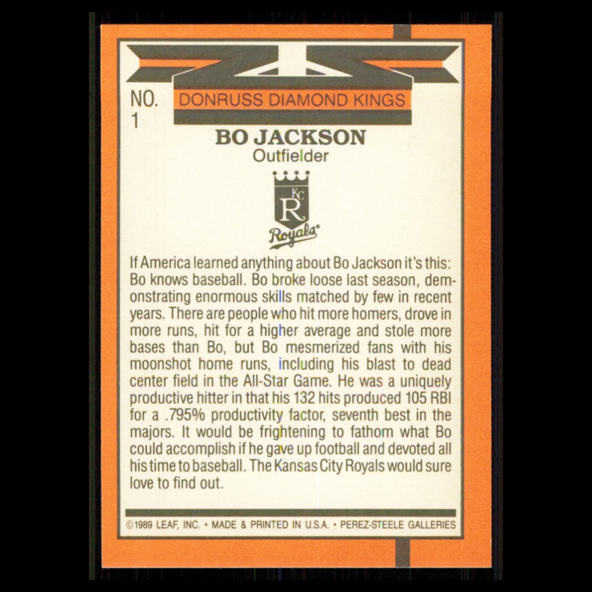 Bo Jackson #1 1990 Donruss Kansas City Royals Baseball Card MLB NM