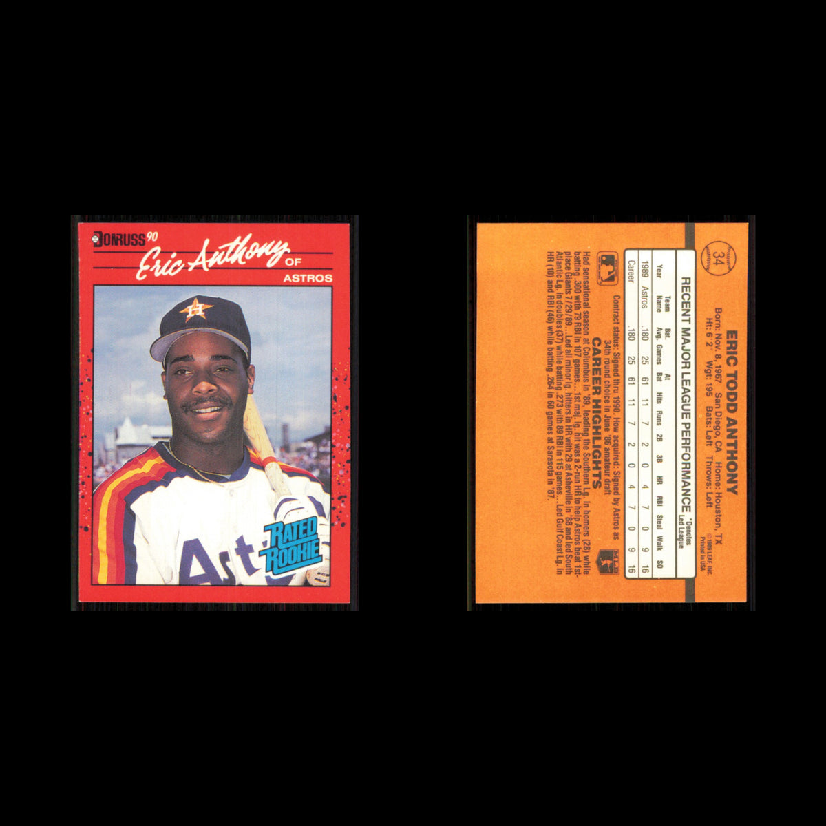Eric Anthony Rookie #34 1990 Donruss Houston Astros Baseball Card MLB NM