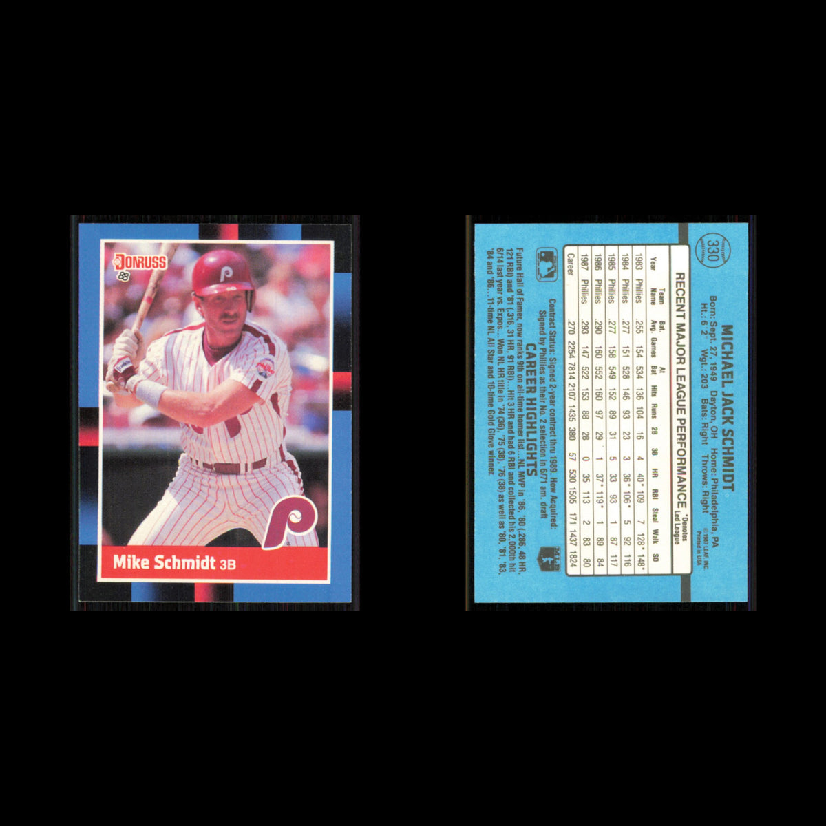Mike Schmidt #330 1988 Donruss Philadelphia Phillies Baseball Card MLB NM