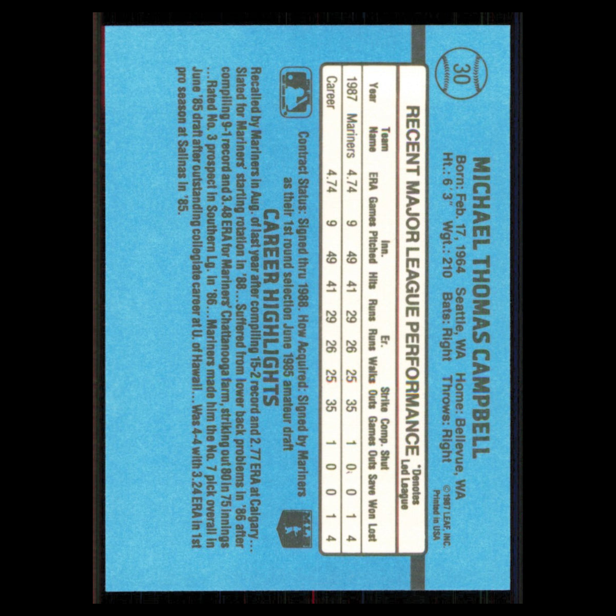 Mike Campbell Rookie #30 1988 Donruss Seattle Mariners Baseball Card MLB NM