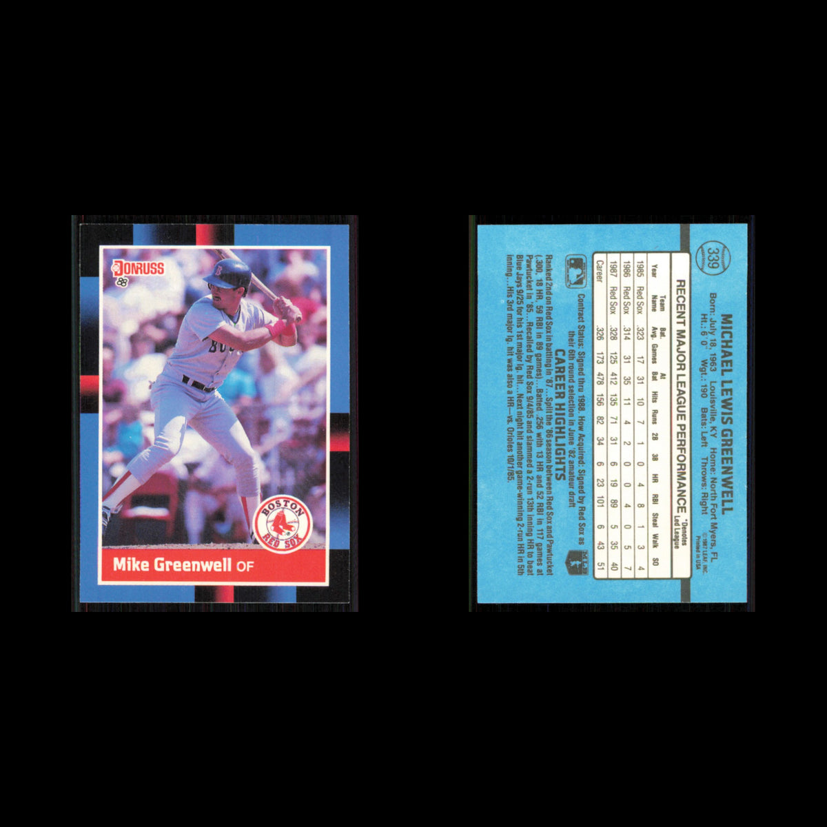 Mike Greenwell #339 1988 Donruss Boston Red Sox Baseball Card MLB NM