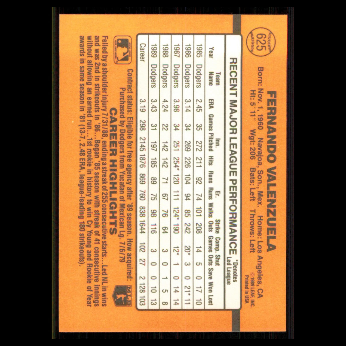 Fernando Valenzuela #625 1990 Donruss Los Angeles Dodgers Baseball Card MLB NM