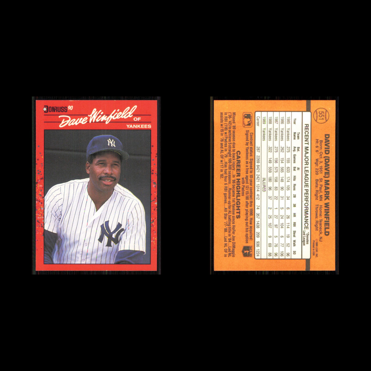 Dave Winfield #551 1990 Donruss New York Yankees Baseball Card MLB NM