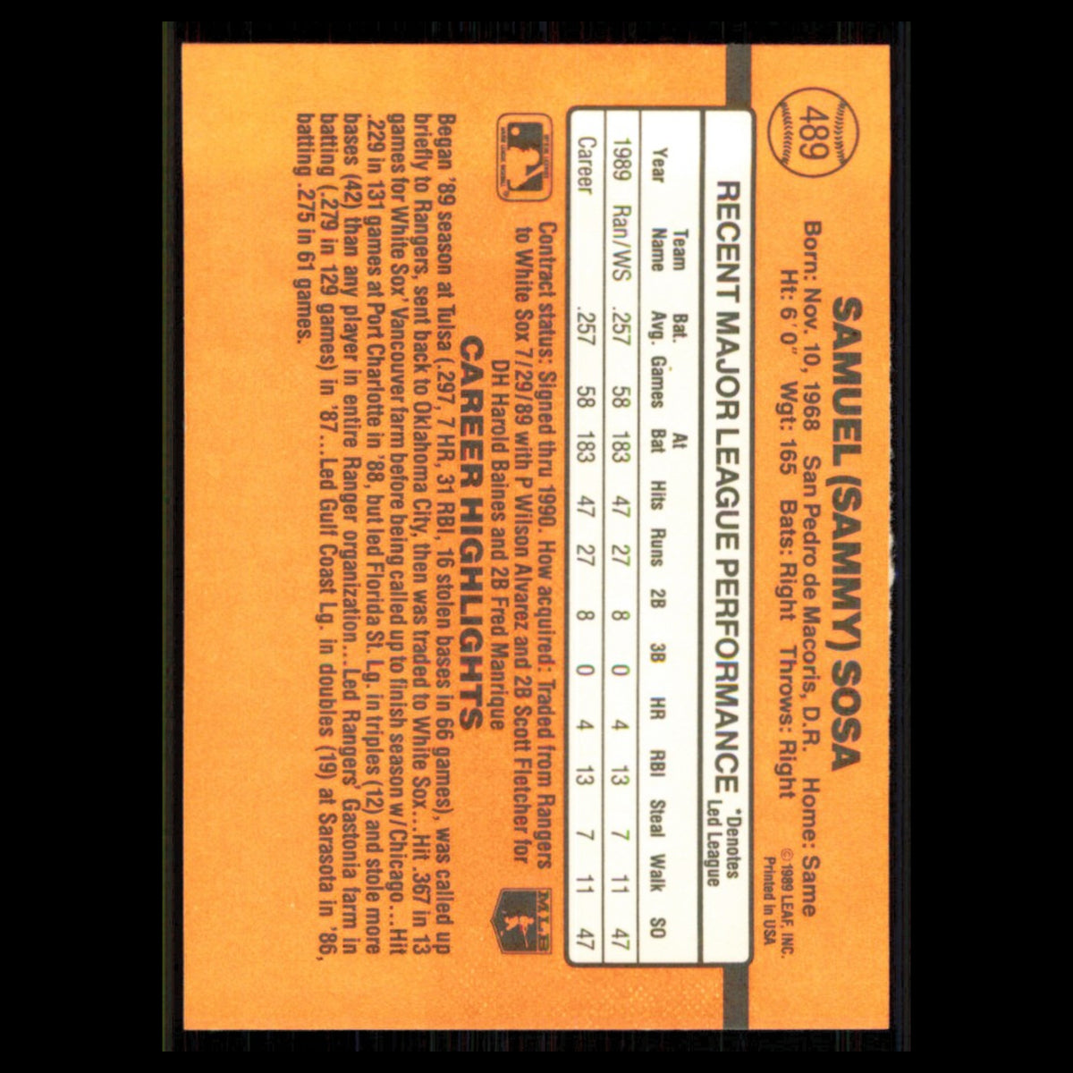 Sammy Sosa Rookie #489 1990 Donruss Chicago White Sox Baseball Card MLB NM
