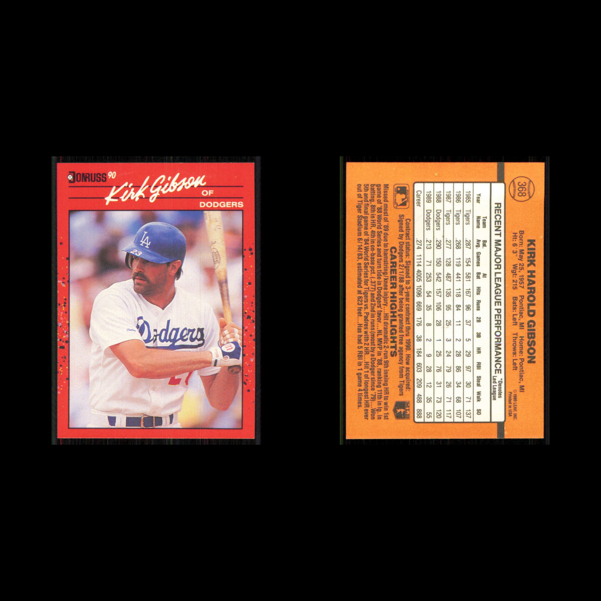 Kirk Gibson #368 1990 Donruss Los Angeles Dodgers Baseball Card MLB NM