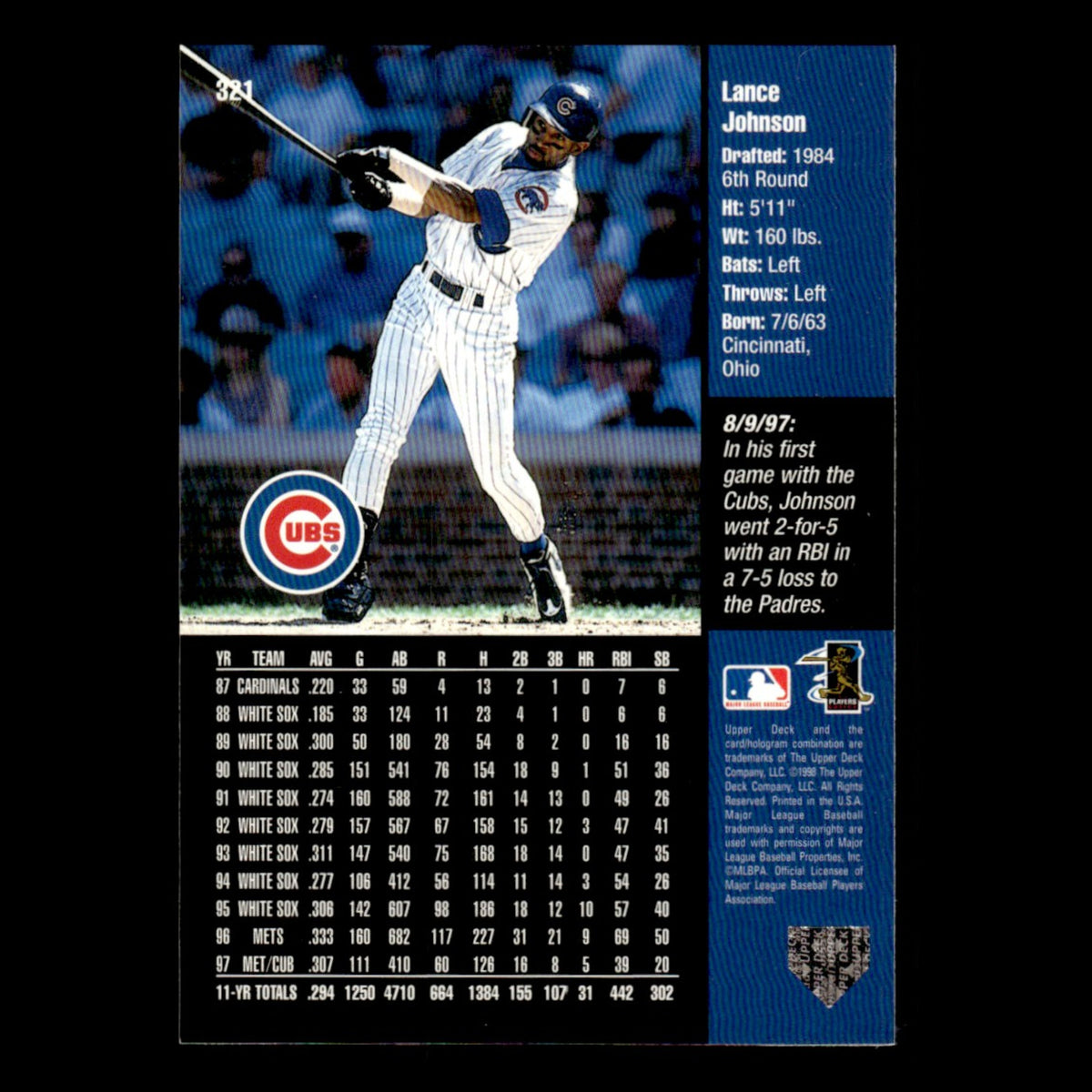 Lance Johnson #321 1998 Upper Deck Chicago Cubs Baseball Card MLB NM