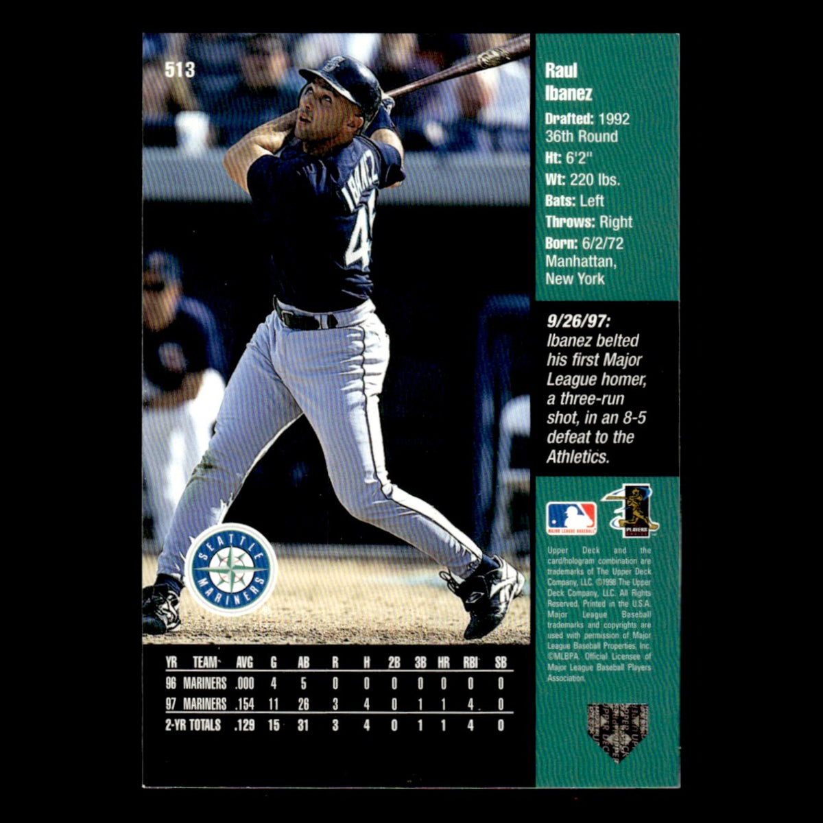 Raul Ibanez #513 1998 Upper Deck Seattle Mariners Baseball Card MLB NM