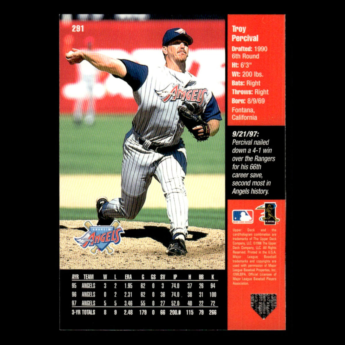 Troy Percival #291 1998 Upper Deck Anaheim Angels Baseball Card MLB NM