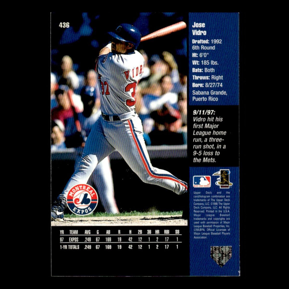 Jose Vidro #436 1998 Upper Deck Montreal Expos Baseball Card MLB NM
