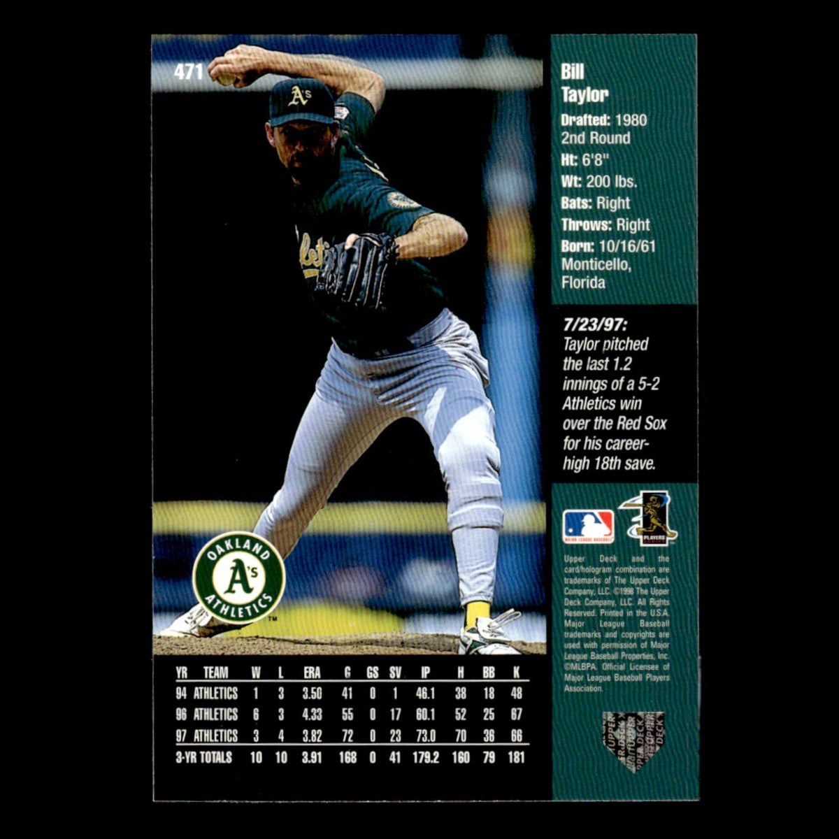 Bill Taylor #471 1998 Upper Deck Oakland Athletics Baseball Card MLB NM