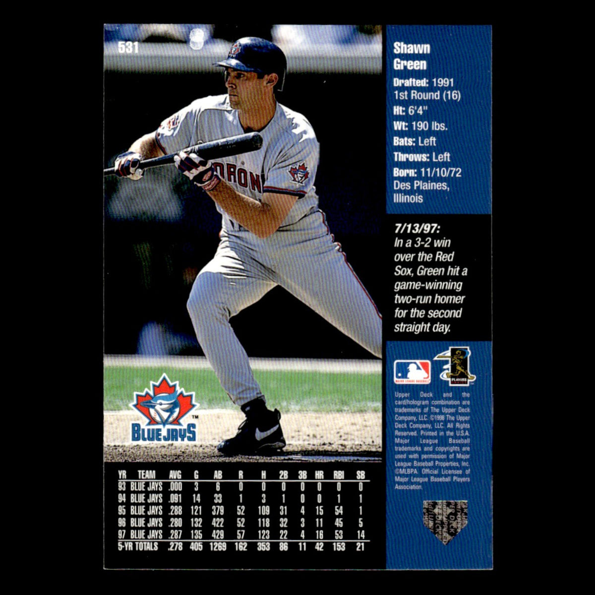 Shawn Green #531 1998 Upper Deck Toronto Blue Jays Baseball Card MLB NM