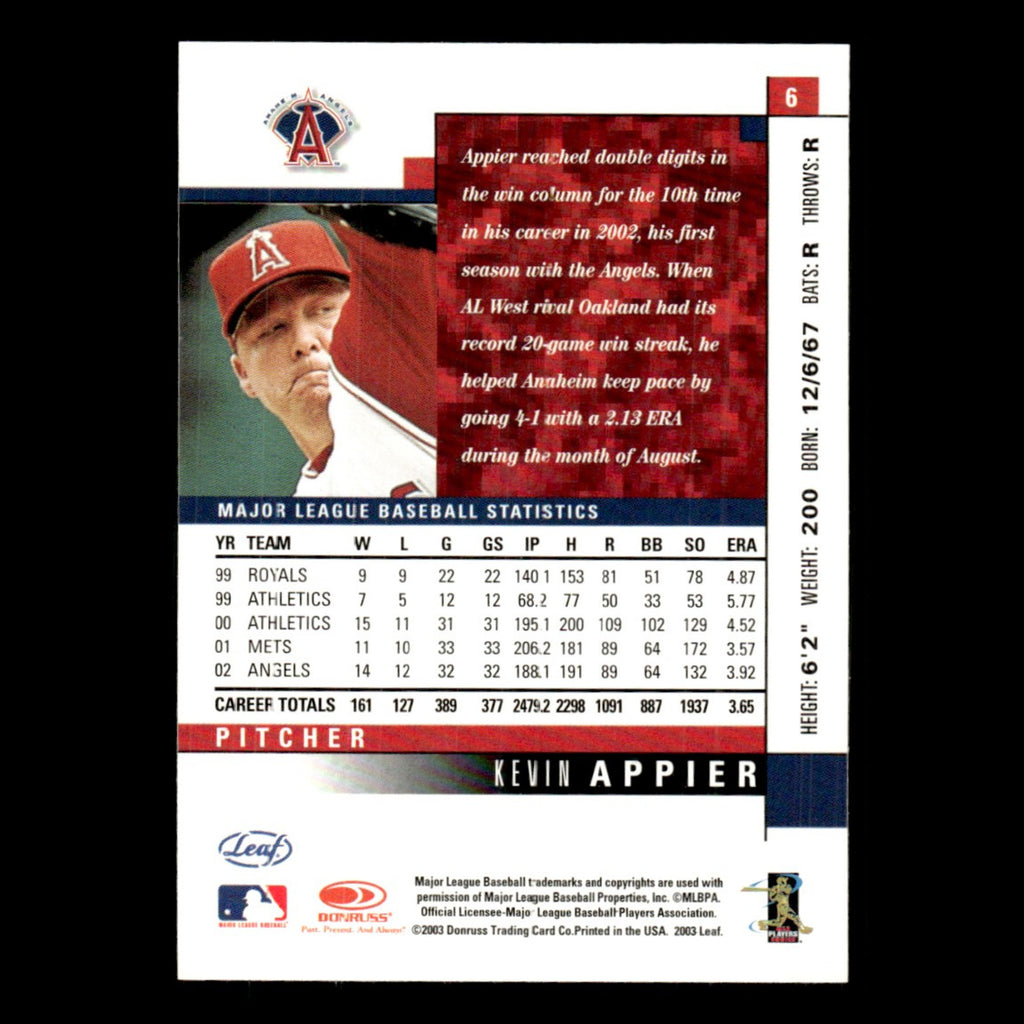 Kevin Appier #6 2003 Leaf Anaheim Angels Baseball Card MLB NM