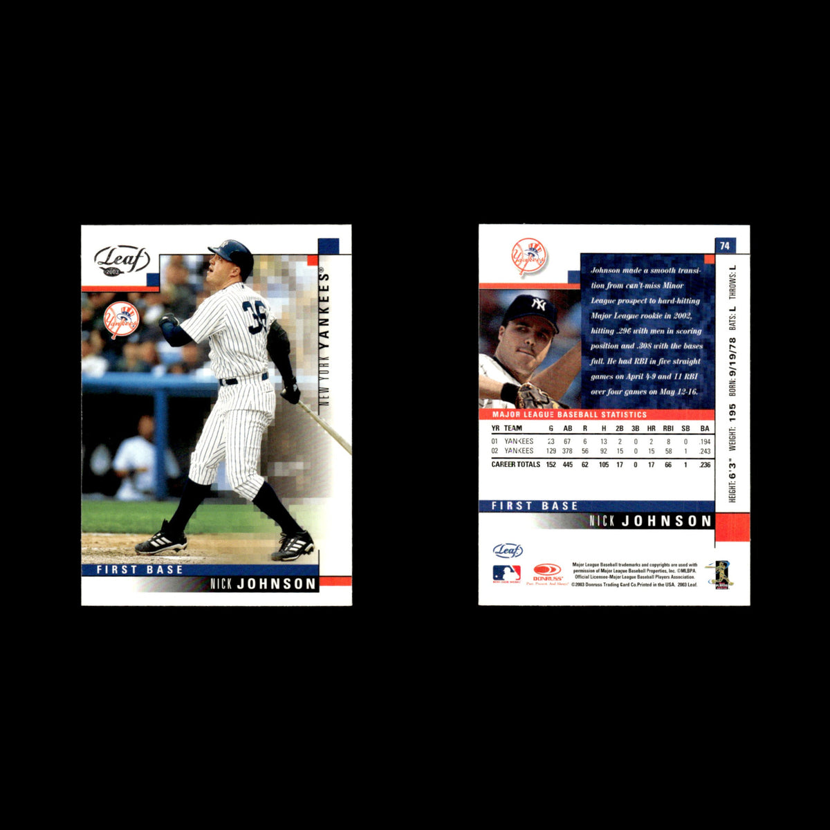 Nick Johnson #74 2003 Leaf New York Yankees Baseball Card MLB NM
