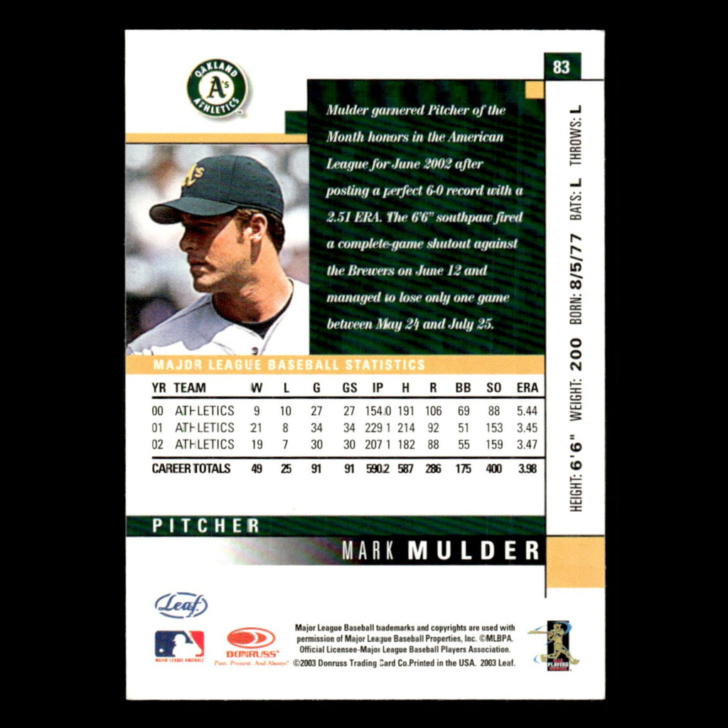 Mark Mulder #83 2003 Leaf Oakland Athletics Baseball Card MLB NM