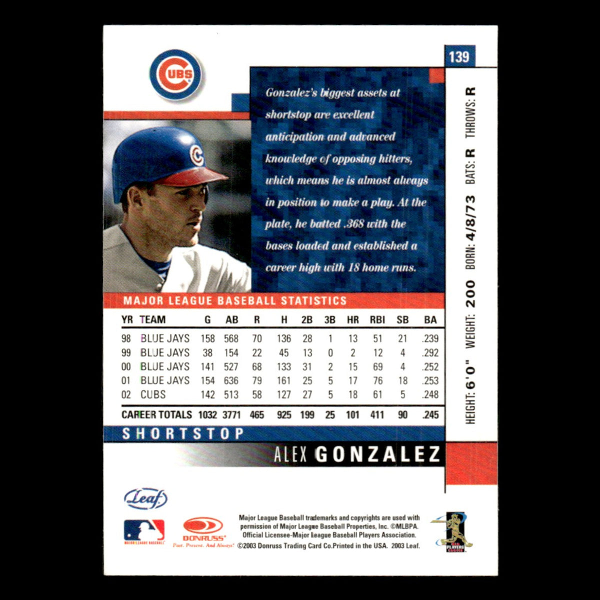 Alex Gonzalez #139 2003 Leaf Chicago Cubs Baseball Card MLB NM