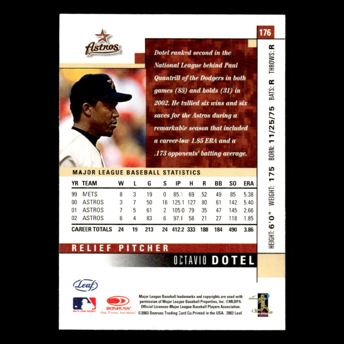 Octavio Dotel #176 2003 Leaf Houston Astros Baseball Card MLB NM