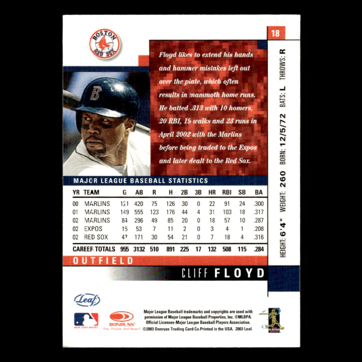 Cliff Floyd #18 2003 Leaf Boston Red Sox Baseball Card MLB NM