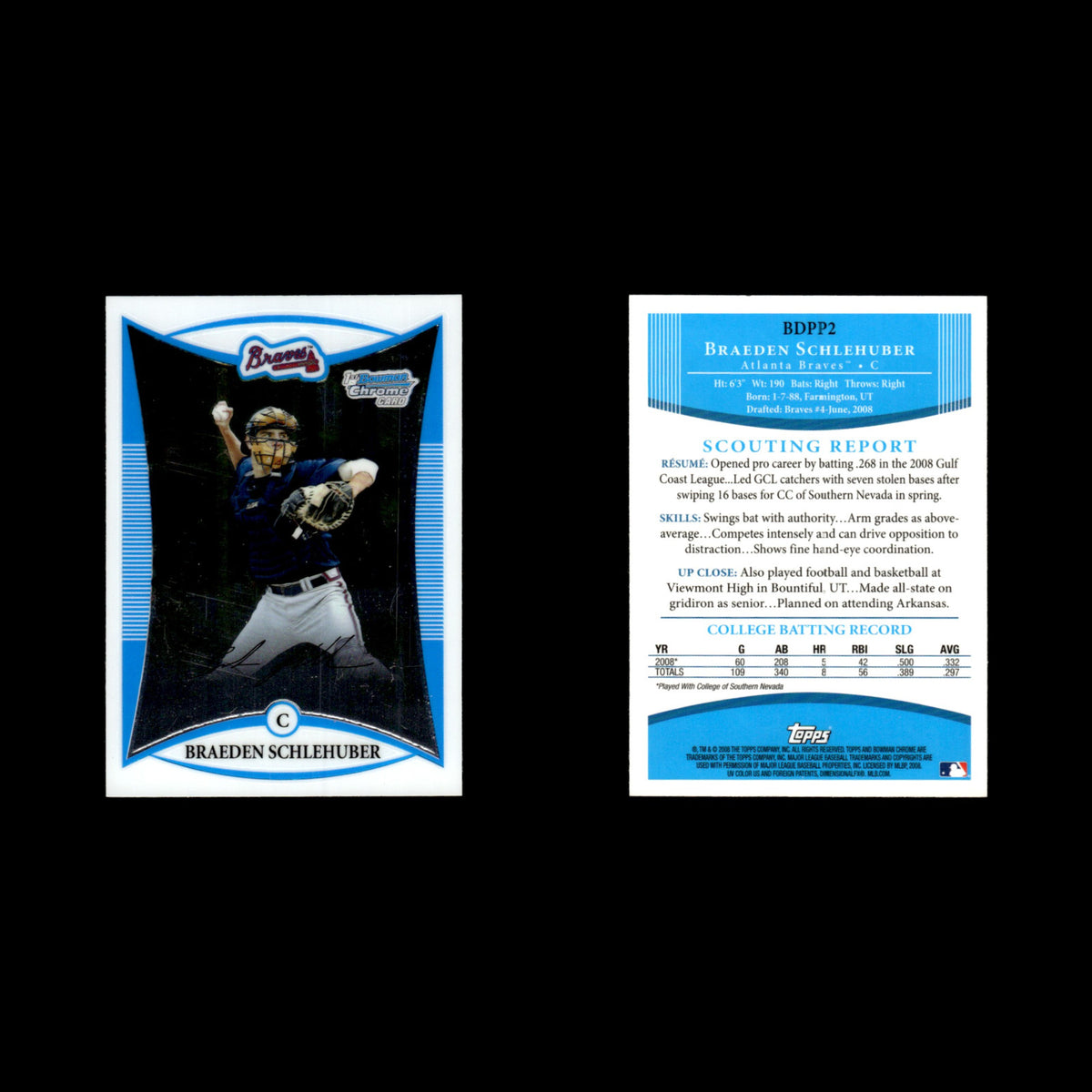 Braeden Schlehuber #BDPP2 2008 Bowman Chrome Draft Picks - Prospects Braves Card