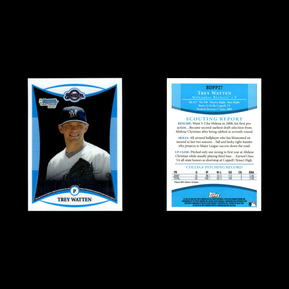 Trey Watten #BDPP27 2008 Bowman Chrome Draft Picks - Prospects Milwaukee Brewers